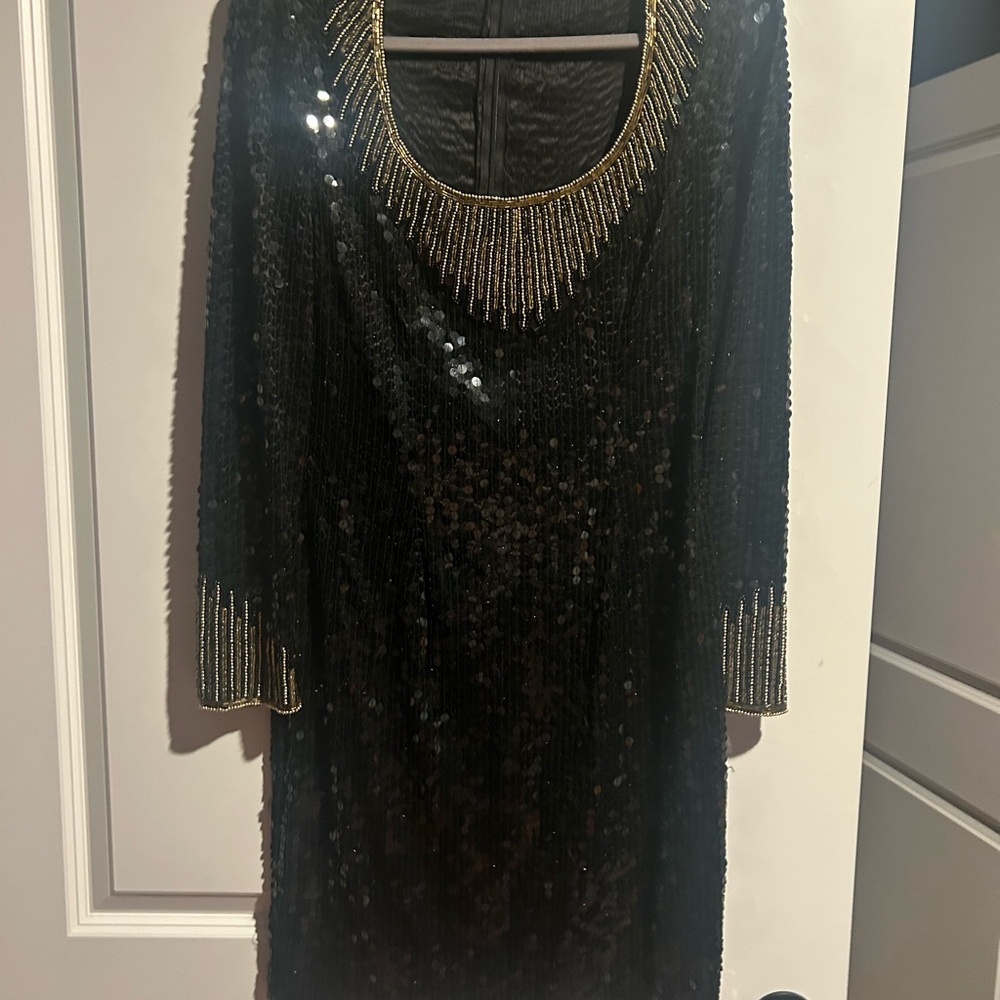Vintage Black sequin Dress with Gold beaded 80s Accents size 12